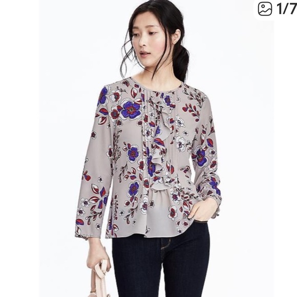 Banana Republic Tops - Banana Republic Floral Ruffle Blouse - Gray and Purple Size Small